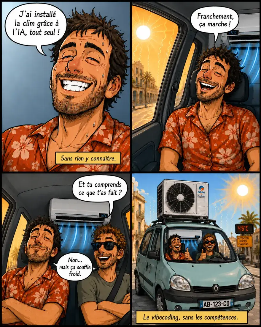 Bande dessinée en quatre vignettes. Un homme en sueur mais ravi annonce : « J'ai installé la clim grâce à l'IA, tout seul ! », sans rien y connaître. On le retrouve avec un ami, pouces levés sous un climatiseur qui souffle de l'air frais : « Franchement, ça marche ! L'IA a tout expliqué. » Quand on lui demande s'il comprend ce qu'il a fait, il répond : « Non… mais ça souffle froid. » Le plan large final révèle que le climatiseur est installé dans leur petite voiture, groupe extérieur sanglé sur le toit, en pleine canicule à 45 °C. Légende : le vibecoding, sans les compétences.
